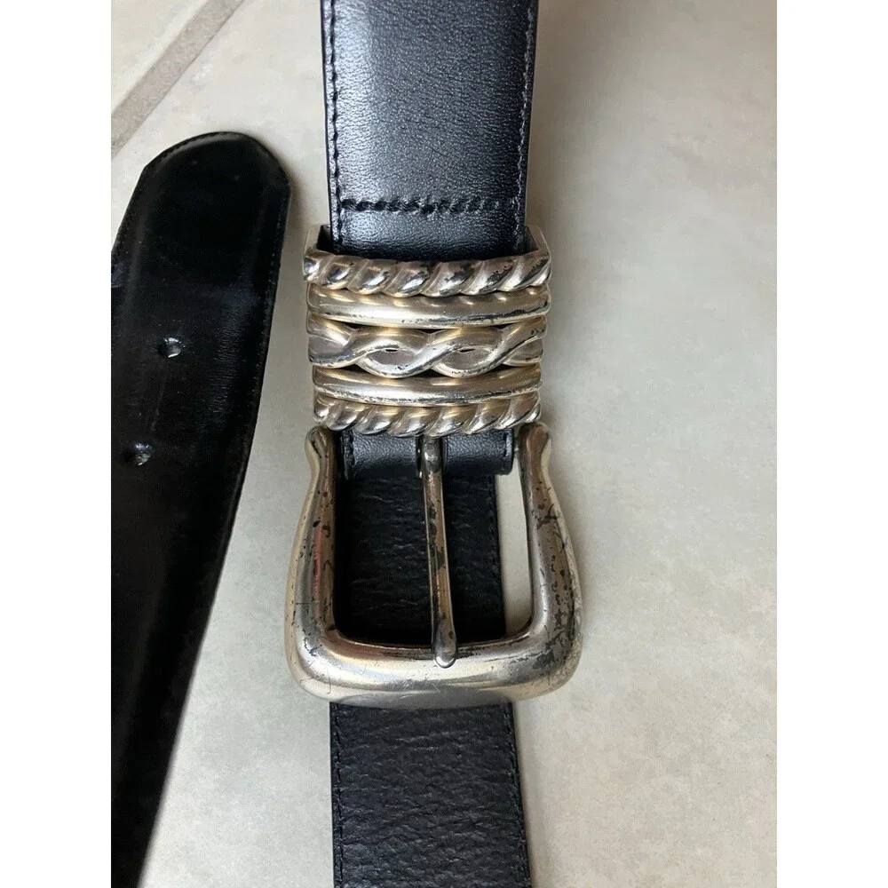 Vintage 1995 Brighton Belt Black Smooth Leather Silver Plate Buckle Large USA